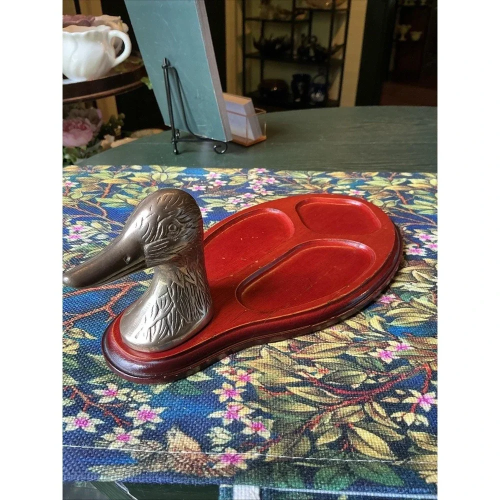 Vintage Brass Duck Head Wooden Dresser Valet Tray Desk Organizer